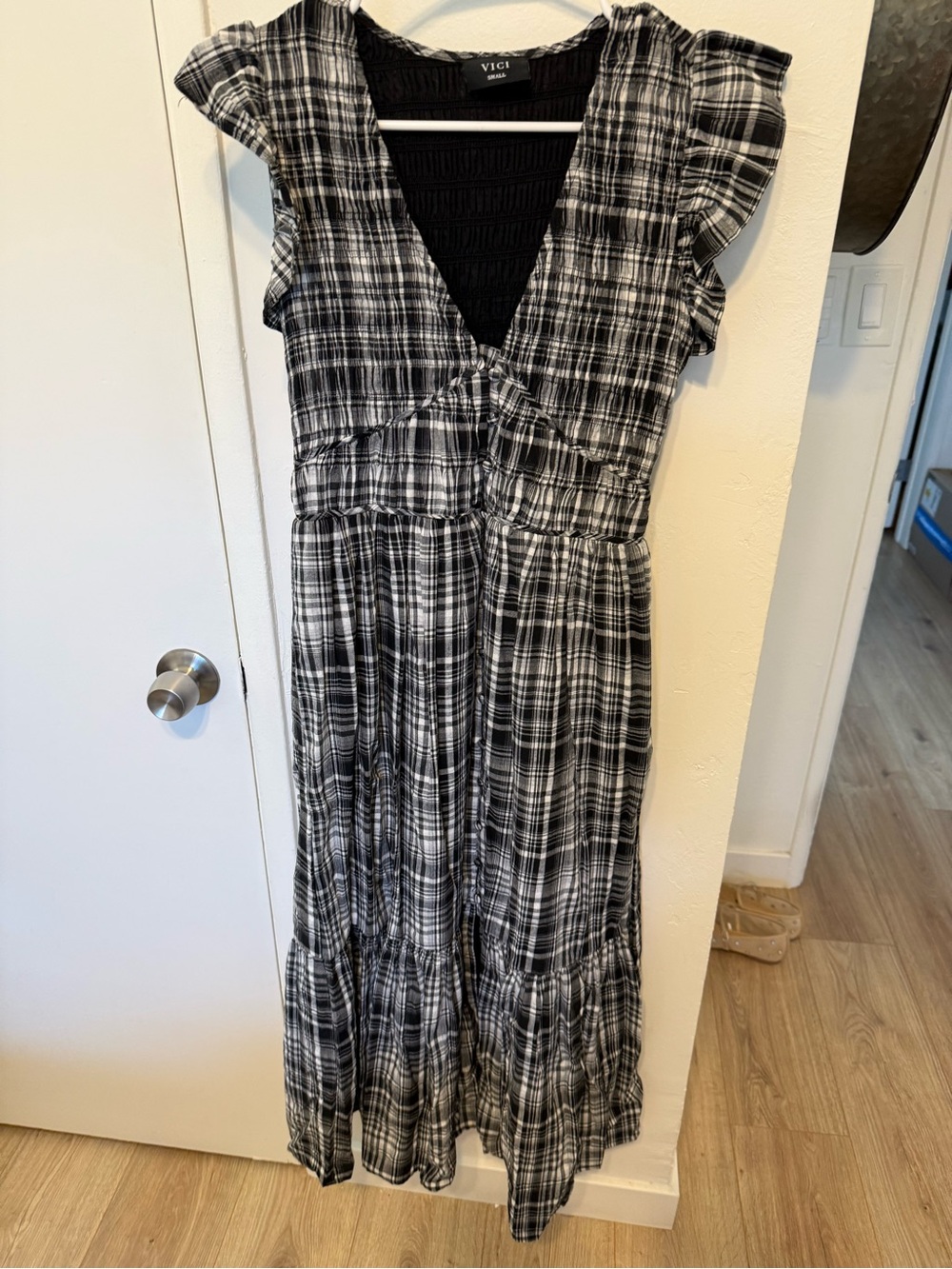 Vici Black and White Plaid Maxi Dress with Ruffle Cap Sleeves